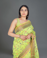 Parrot Green Banarasi Cotton Saree with Opulent Zari Work and Vibrant Multi-Color Border