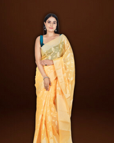 Radiant Charm: Yellow Banarasi Cotton Silk Saree