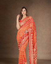 Pure Khaddi Georgette Red and orange Bandhej/Bandhani handloom Saree