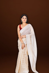 Ethereal Grace: Cream Banarasi Cotton Silk Saree with White Border and Pallu