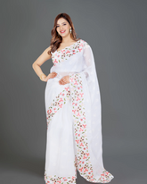 Radiant Charm: White Organza Silk Saree with Colorful Border Accents