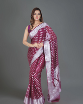 Regal Charm: Maroon Banarasi Khaddi Georgette Saree with Sparkling White Border