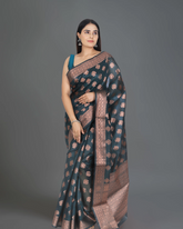 Mystic Elegance: Blackish Green Banarasi Cotton Silk Saree with Exquisite Border and Pallu
