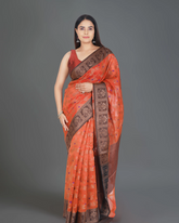 Classic Beauty: Red Banarasi Cotton Silk Saree with Rich Brown Border