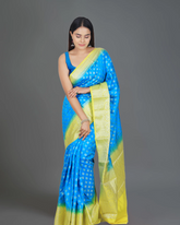 Dual-Tone Elegance: Blue and Parrot Green Banarasi Semi-Silk Saree