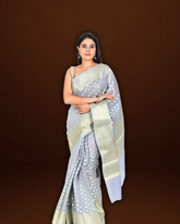 Refined Beauty: Light Grey Cotton Silk Saree with Golden Border and Pallu