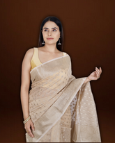 Classic Charm: Beige Banarasi Cotton Saree with Ornate Border