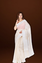 Refined Allure: Cream Banarasi Cotton Silk Saree with White Border and Pallu