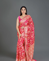 Classic Allure: Red Pure Khaddi Georgette Saree with Detailed Floral Motifs