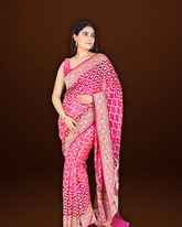 Dark Pink Georgette Bandhej Saree with Beautiful All-Over Jaal