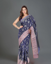 Dark Blue Cotton Silk Saree with Maroon Details