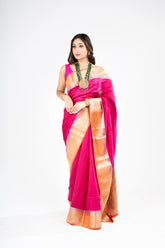 Pure Munga Silk Magenta pink handloom Saree with contrast blouse