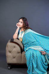 Pure Khaddi Georgette blue colour handloom Saree with woven booty all over