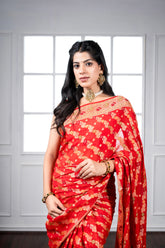 Pure Khaddi Georgette Red Bandhej handloom Saree with Meenakari work in strips pattern