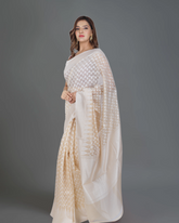 Subtle Sophistication: Cream Banarasi Cotton Silk Saree with White Highlights