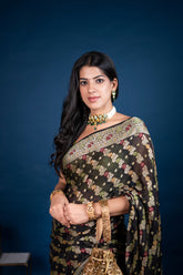 Pure Khaddi Georgette black Bandhej handloom Saree with Meenakari work in strips pattern