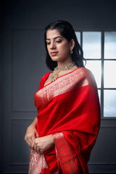 Pure Moonga Silk red handloom Saree with contrast blouse