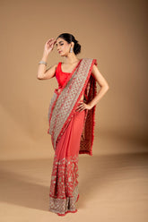 Peach colour Georgette heavy Embroidery Work Saree