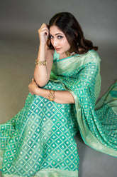 Pure chiffon/Khaddi Georgette water Jari green Bandhej Saree with jall work all over handloom saree