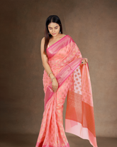 Subtle Sophistication: Peach Chanderi Cotton Silk Saree with Magenta Zari Border