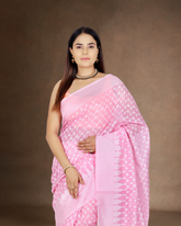 Vibrant Elegance: Hot Light Pink Chanderi Cotton Silk Saree with White Border