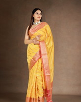 Radiant Waves: Yellow Golden Lehariya Chanderi Cotton Silk Saree with Pink Border