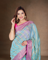 Ethereal Waves: Sky Blue Zari Lehariya Chanderi Cotton Silk Saree with Pink Border and Orange Zari Pallu