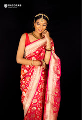 Red Dhoop Chaon Pure Katan Silk Jangla Saree with Heavy Blouse