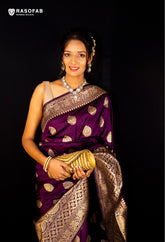Purple Semi Silk saree with golden Zari buti