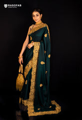 Bottle Green satin silk stone work Designer saree