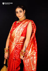 Red Semi Silk Saree With Golden Booti