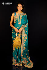Green satin silk embroidery work saree