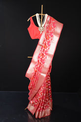 Red Pure Silk With Rose Golden Zari Border