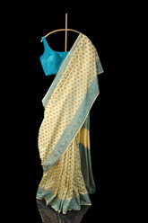 Yellow Semi Silk with Blue Booti Border