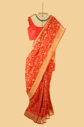 Red Semi Banarasi Soft Silk Saree With Golden Zari Border