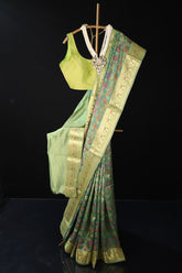 Green Pure Silk With Golden Zari Border