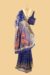 Blue Semi Silk With Golden Border