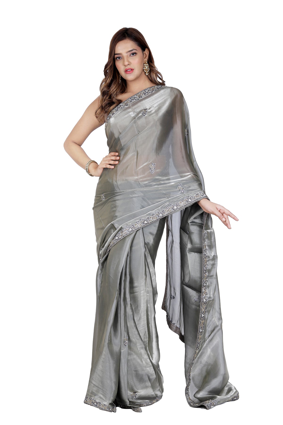 Elegant Sophistication: Jimmy Choo Gray Designer Saree for Parties