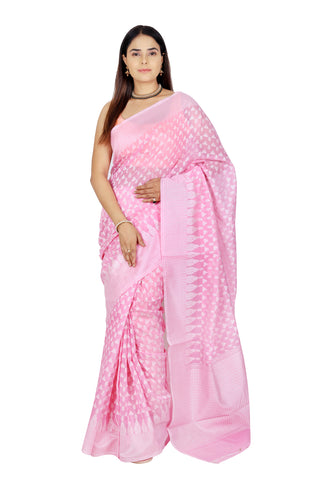 Vibrant Elegance: Hot Light Pink Chanderi Cotton Silk Saree with White Border