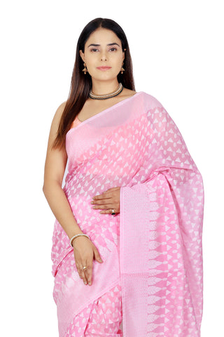 Vibrant Elegance: Hot Light Pink Chanderi Cotton Silk Saree with White Border