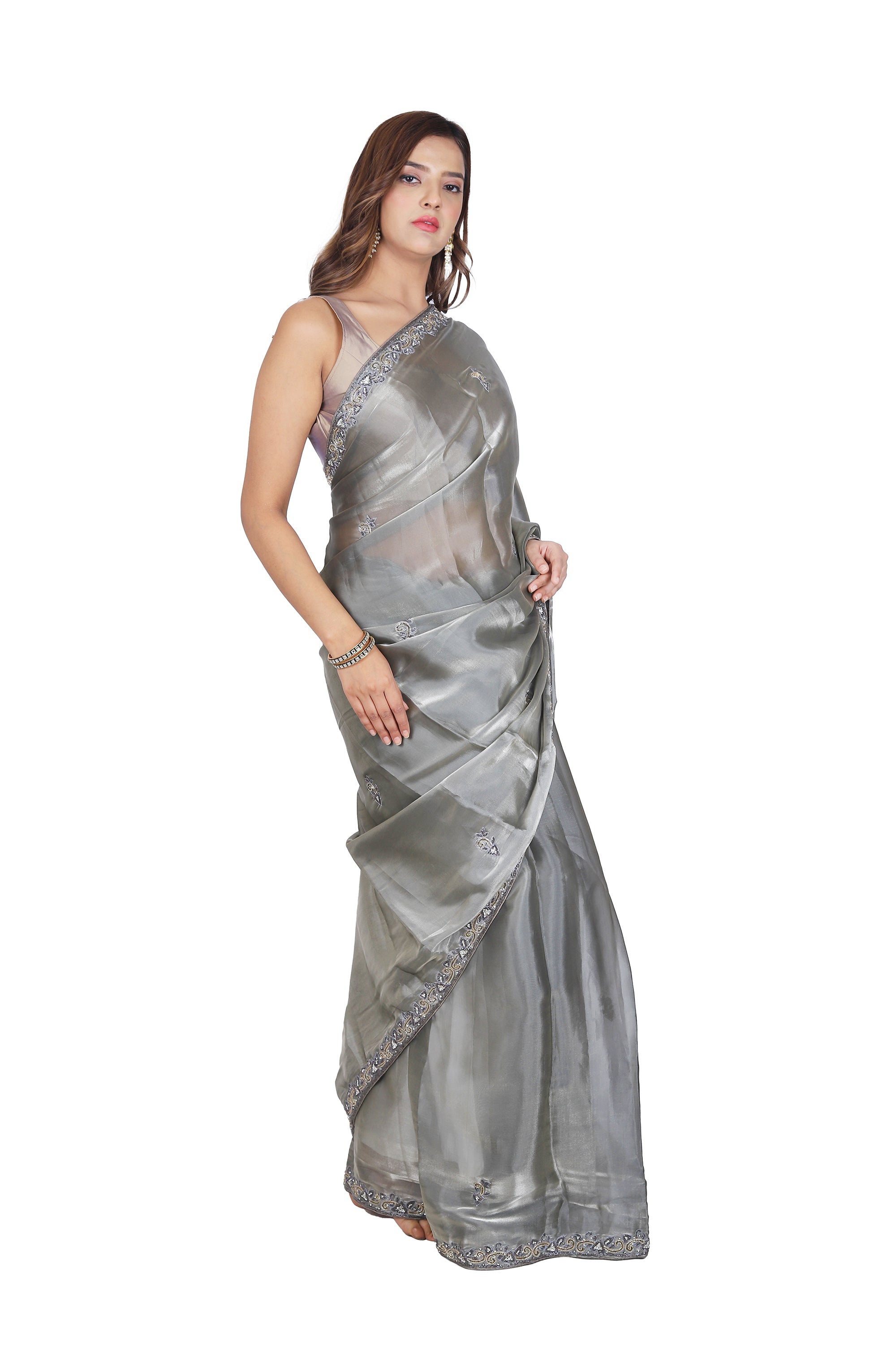 Elegant Sophistication: Jimmy Choo Gray Designer Saree for Parties