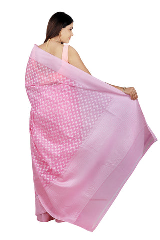 Vibrant Elegance: Hot Light Pink Chanderi Cotton Silk Saree with White Border
