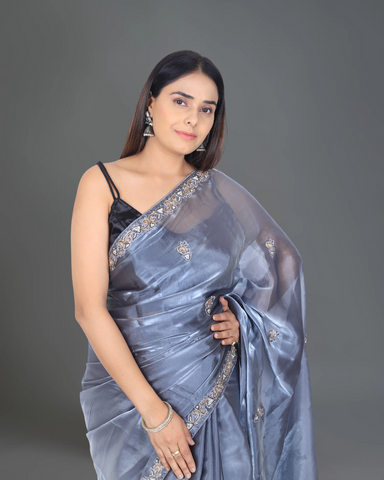 Chic Elegance: Jimmy Choo Greyish Blue Party Saree