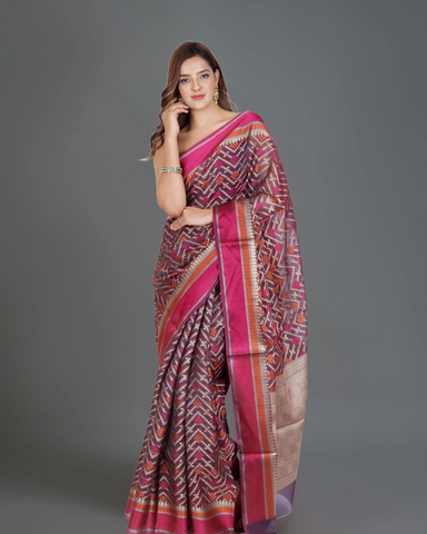 Classic Elegance: Wine and Magenta Banarasi Cotton Silk Saree with Rich Magenta Details