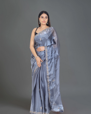 Chic Elegance: Jimmy Choo Greyish Blue Party Saree