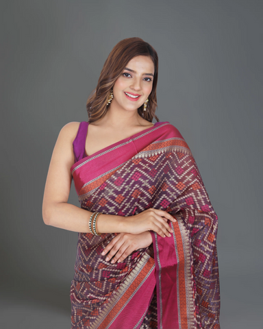 Classic Elegance: Wine and Magenta Banarasi Cotton Silk Saree with Rich Magenta Details