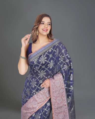 Dark Blue Cotton Silk Saree with Maroon Details