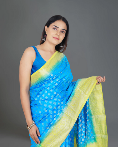 Dual-Tone Elegance: Blue and Parrot Green Banarasi Semi-Silk Saree