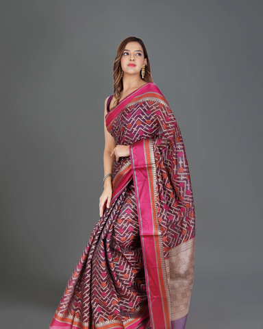 Classic Elegance: Wine and Magenta Banarasi Cotton Silk Saree with Rich Magenta Details