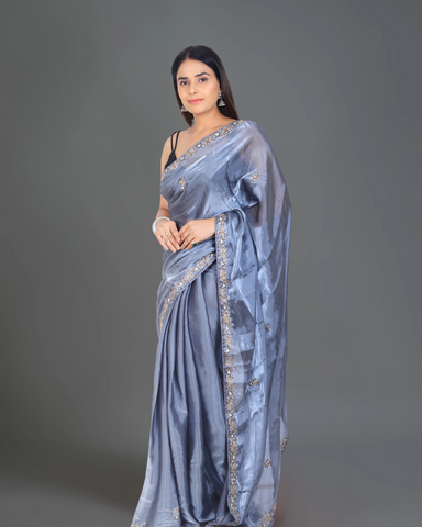 Chic Elegance: Jimmy Choo Greyish Blue Party Saree